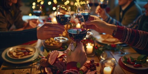 Enjoy a joyful and celebratory holiday dinner with friends and family, sharing heartfelt toasts and creating cherished memories over glasses of wine in a festive and cozy atmosphere