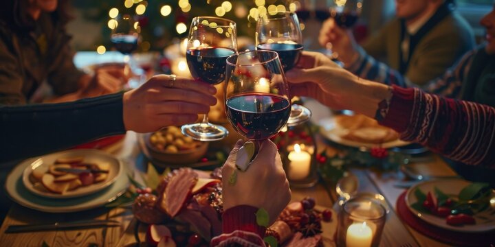 Enjoy a joyful and celebratory holiday dinner with friends and family, sharing heartfelt toasts and creating cherished memories over glasses of wine in a festive and cozy atmosphere