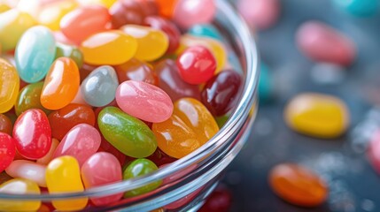 A glass bowl brimming with colorful jelly beans, placed on a gray surface, capturing the vibrant hues and playful nature of candy, ideal for brightening up any setting with sweetness.