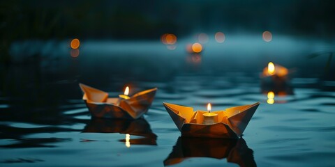 little paper boats with lit tea lights - floating on the lake at night, all alone