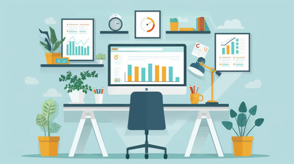 Illustration of a modern home office setup with plants, charts, and a desktop computer displaying graphs and statistics.