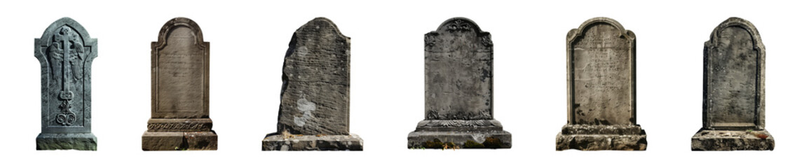 Collection of tombstones or gravestones isolated on a transparent background, cut out, PNG