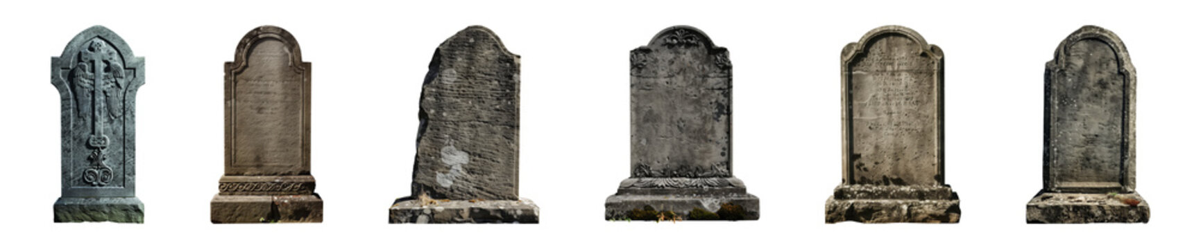 Collection of tombstones or gravestones isolated on a transparent background, cut out, PNG