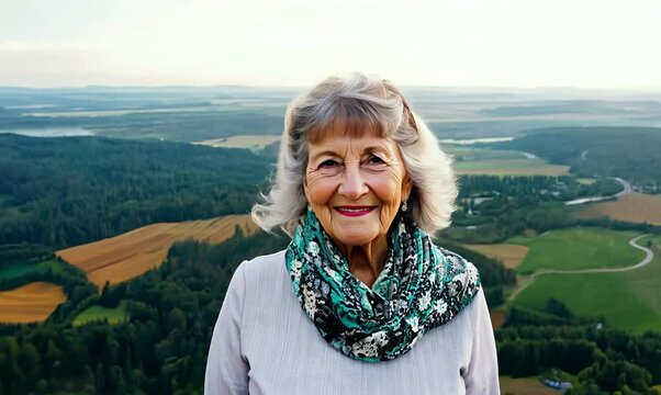 Environmental portrait video of a pleased woman in her 50s wearing a charming scarf against an aerial view background