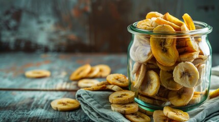 Fototapeta premium Dried banana chips in glass jar, food photo, copy space