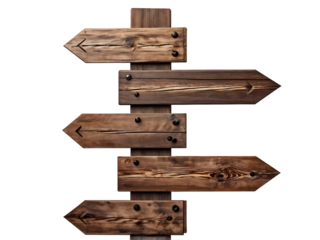 Collection of wooden direction signs isolated on transparent background with clipping path.
