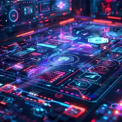 Futuristic High Tech Digital Interface with Glowing Holographic Elements