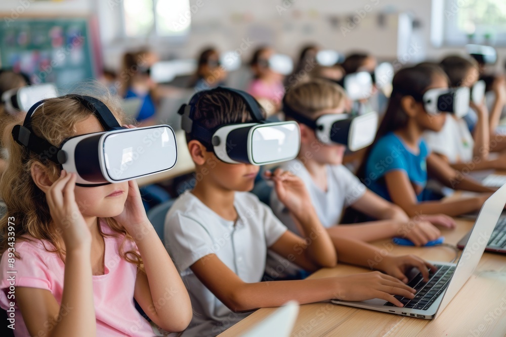 Poster Students are actively participating in an immersive virtual reality learning experience within a classroom setting, utilizing VR headsets and modern technology for digital education