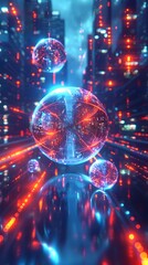 Fototapeta premium Futuristic Cyber Landscape with Floating Data Spheres and Vibrant Neon Pathways