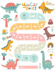 Dinosaur reward chart for girls and boys. Cute baby dino. Table of behavior and routine work of kids. Vector