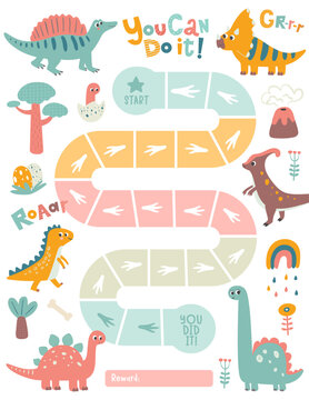 Dinosaur reward chart for girls and boys. Cute baby dino. Table of behavior and routine work of kids. Vector