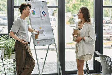 Two colleagues brainstorm startup ideas with coffee in a modern office