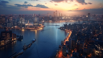 Naklejka premium 海沿いの都会の風景