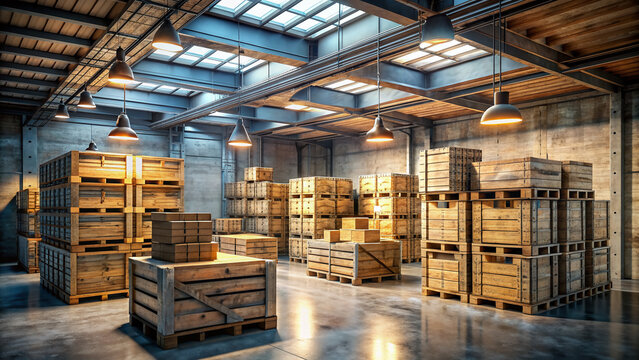 Rustic warehouse interior with rows of stacked wooden crates and boxes, dimly lit by overhead lamps, surrounded by concrete floors and metal beams.