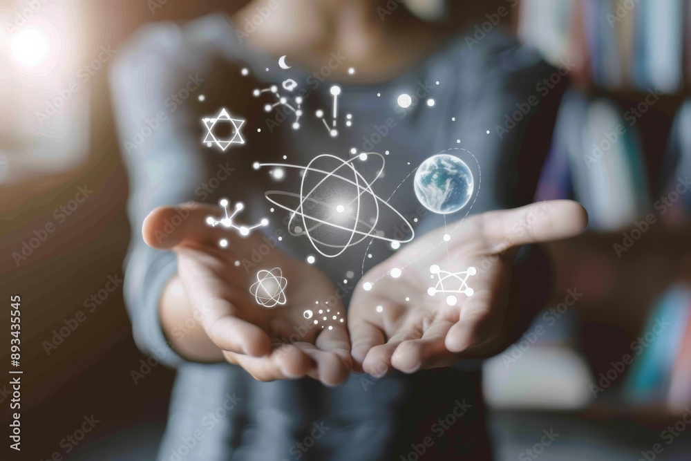 Poster an illustration of hands grasping digital science symbols with a bokeh effect symbolizes knowledge, 