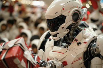 Fototapeta premium A robot android dressed like santa, wearing santa clause's costume, standing with a hip of gifts surrounded by kids