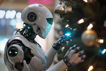 A robot android dressing up a christmas tree wide shot