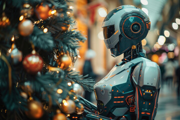 Fototapeta premium A robot android dressing up a christmas tree