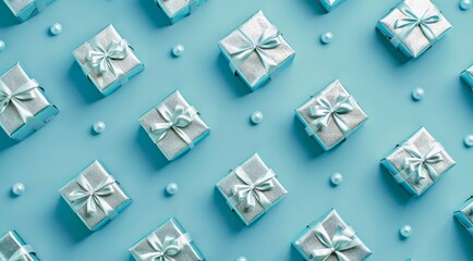 Pattern with silver gift boxes on light blue background, top view. Festive Christmas pattern design with silver wrapped presents with ribbon and bow.