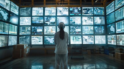 In a manufacturing industry, a worker looking a giant wall full of 100 dashboard screens of to manage the factory. Generative AI.
