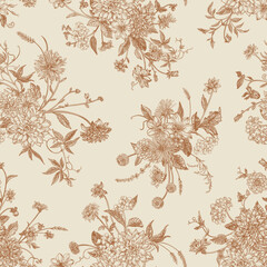 Vintage seamless pattern with autumn flowers, herbs and berries. Vector botanical floral background. Creamy delicate color.