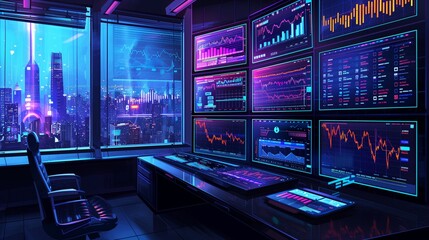 Isometric Futuristic Stock Trading Platform with Cityscape View