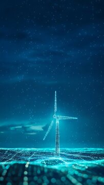 Vertical framing of futuristic technology renewable power energy windmill wireframe. Electricity turbine generator.