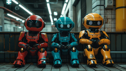 Fototapeta premium Few robots androids after a work, tired, sitting behind a wall and relaxing