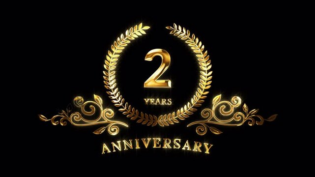 2nd Anniversary Celebration. Happy 2 Years Anniversary Animation in Gold Color on the Transparent Background, Alpha Channel. Great for greetings, celebrations, events, and gifts.