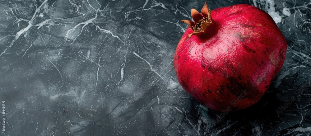 Poster Close up of a ripe pomegranate on a dark marble background with space for text highlighting its health benefits and use in grenadine. with copy space image. Place for adding text or design