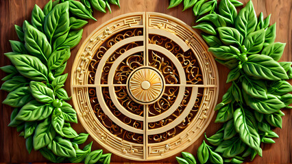 Cultural symbolism in decorative forms. A golden sun among graceful leafy spirals: depth of perception and organic symmetry