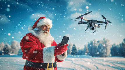 Modern santa, with smartphone and drone with gifts, electric sled