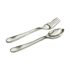 Silver steel fork and spoon. Kitchen utensil, flatware. Watercolor food illustration hand painted isolated on white