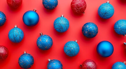 Fototapeta premium Pattern with blue Christmas decorations evenly spreaded on red background, top view.