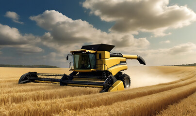 Fototapeta premium combine harvester harvesting wheat in the field, against the blue sky