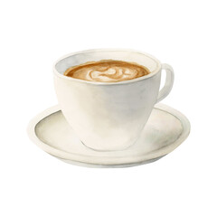 Coffee Latte., Cappuccino with milk foam in white porcelain cup on a saucer. Hot beverage. Watercolor food illustration
