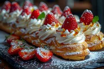 Obraz premium Delicious Strawberry Pastry Desserts with Whipped Cream and Powdered Sugar Topping - Perfect for Special Occasions