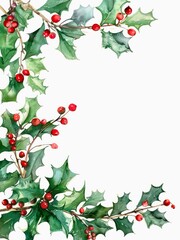 Fototapeta premium Christmas holly branches with green leaves and red berries as frame on white background. Watercolor festive greeting card design.