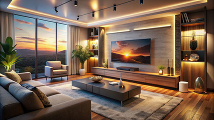 Serenely lit living room with a large screen displaying a virtual assistant, sleek soundbar, and discreetly integrated smart devices amidst warm and inviting ambiance.