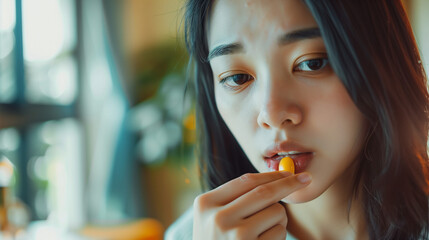 Asian young woman holding capsule with medical pills, taking or eating vitamin in mouth for treatment, sick woman taking medication.