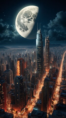 Fototapeta premium panorama of skyscrapers of a city at night with a big moon and illuminated windows in a retro vintage poster to use as a mobile phone screen