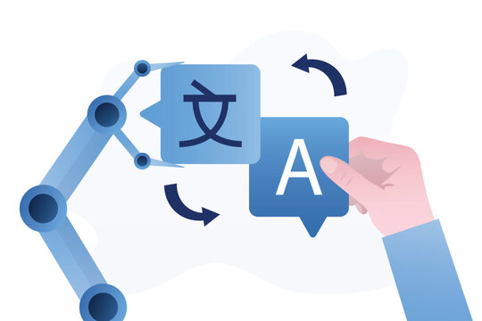 Human hand and robot holding speech bubbles with language signs. Chat bot helps translate texts and messages. Foreign language course, app for online training,