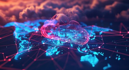 Fototapeta premium Cloud Computing Technology Concept. Large Prominent Cloud Icon With Internal Connections on Abstract World Map Polygon Background