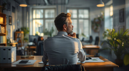 Fototapeta premium Rear view, A man thinking in an office. Generative AI.