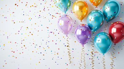 Bright balloons in various colors with confetti falling around, creating a cheerful celebration scene on a white background, ideal for festive occasions with copy space.