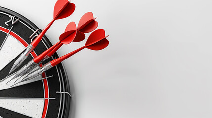 A close-up of a dartboard with three red darts hitting the bullseye, representing precision, success, and accuracy in a clean and focused composition.