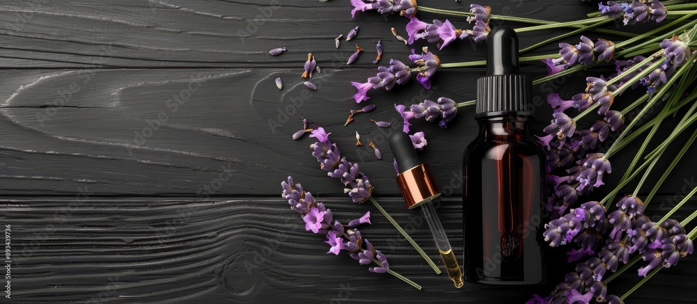 Poster A lavender scented product sample is displayed with a dropper next to flowers on a black wooden table with a blank space for an image