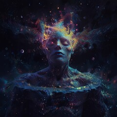 An evocative image of a partly formed human body coming into being from what appears to a cosmic soup of glowing light fractals and sparkle energy
