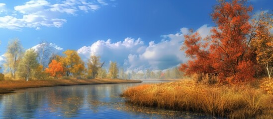 Fototapeta premium Autumn sky provides background for river bank offering ample copy space image