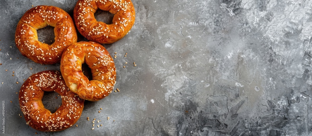 Poster top view of a traditional turkish bagel simit with sesame on a gray background providing ample copy 